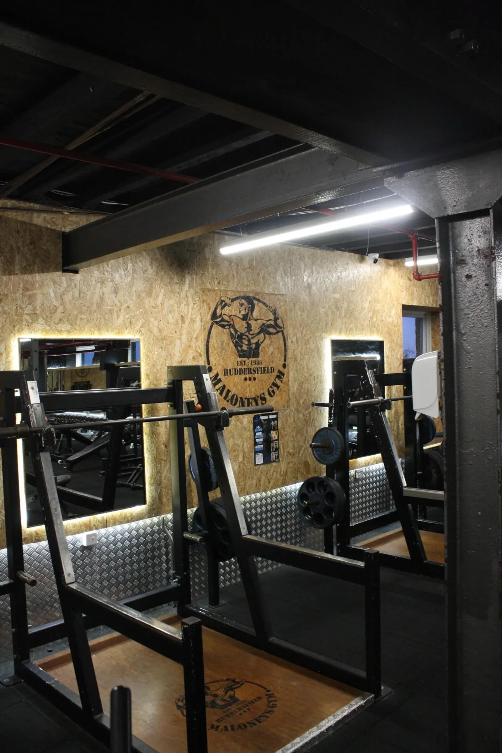 Inside Maloneys Gym - squat racks and plate-loaded kit under low light